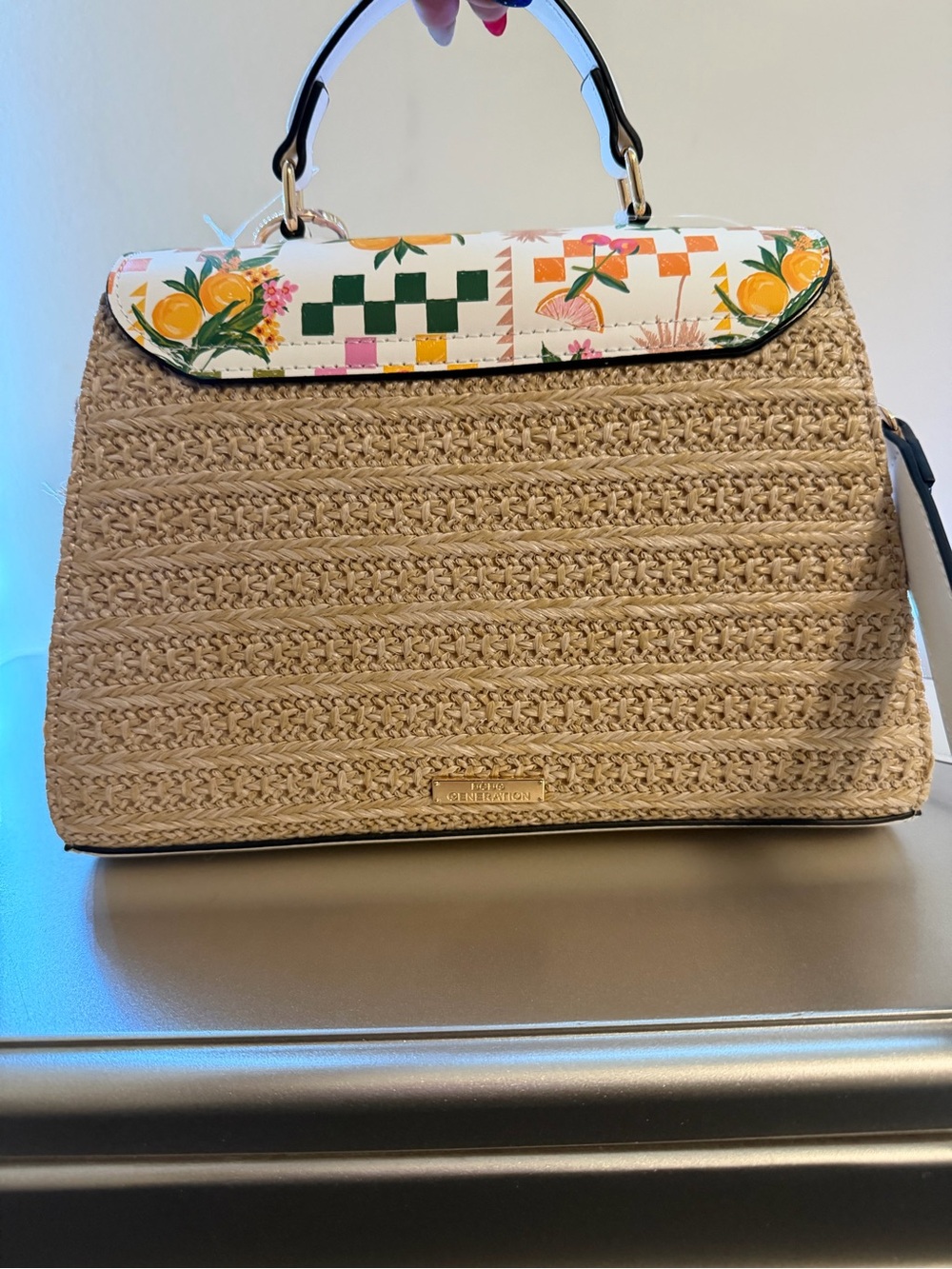 BCBGeneration White Multicolor Tropical Straw-Trim Satchel with Pineapple Charm - Picture 4 of 4